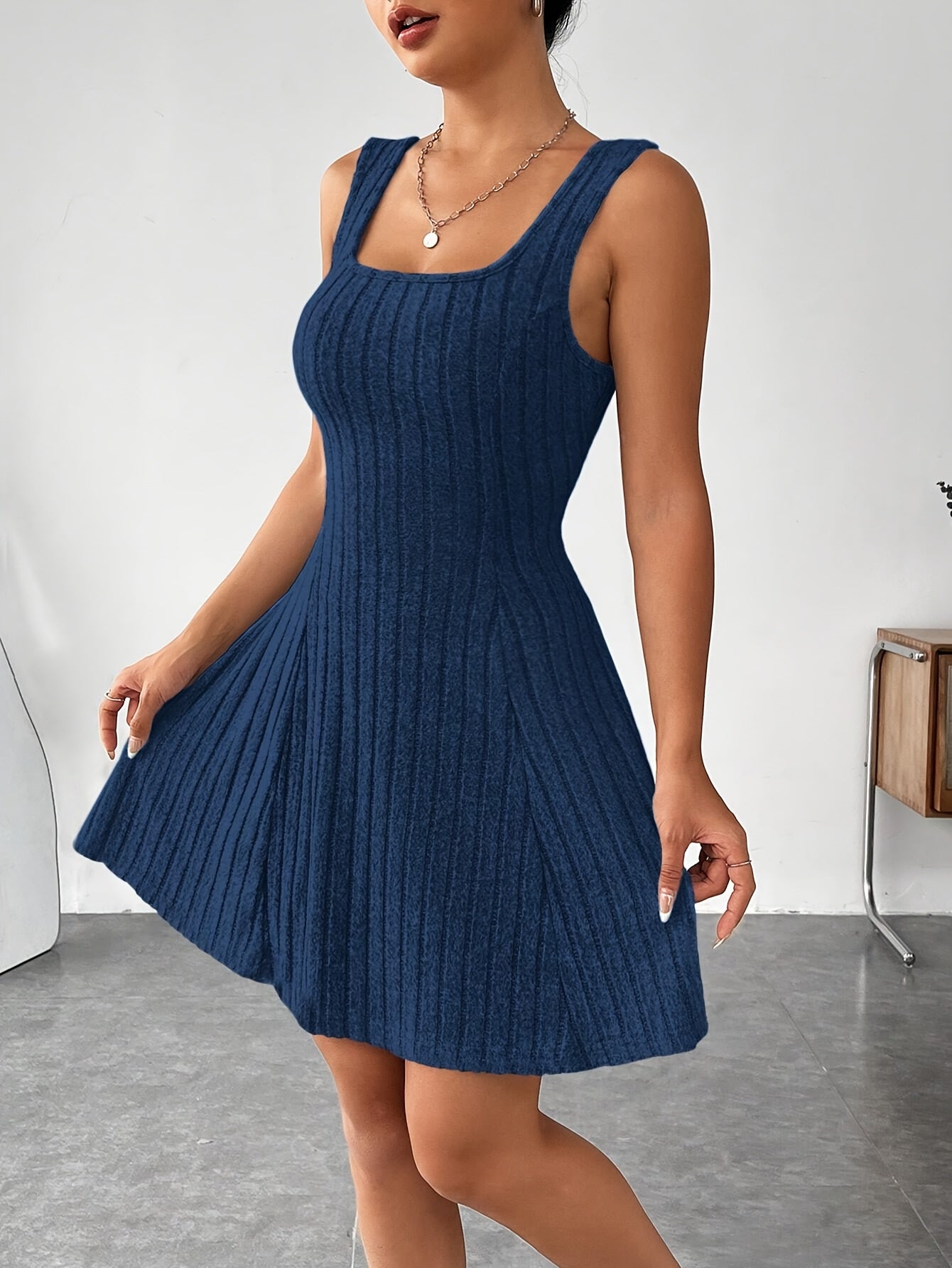 Ribbed dress set with hoodie shrug and sleeveless square-neck A-line dress, casual and versatile