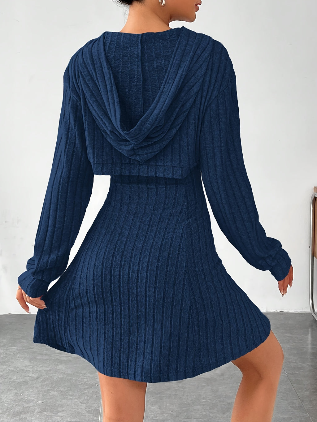 Ribbed dress set with hoodie shrug and sleeveless square-neck A-line dress, casual and versatile