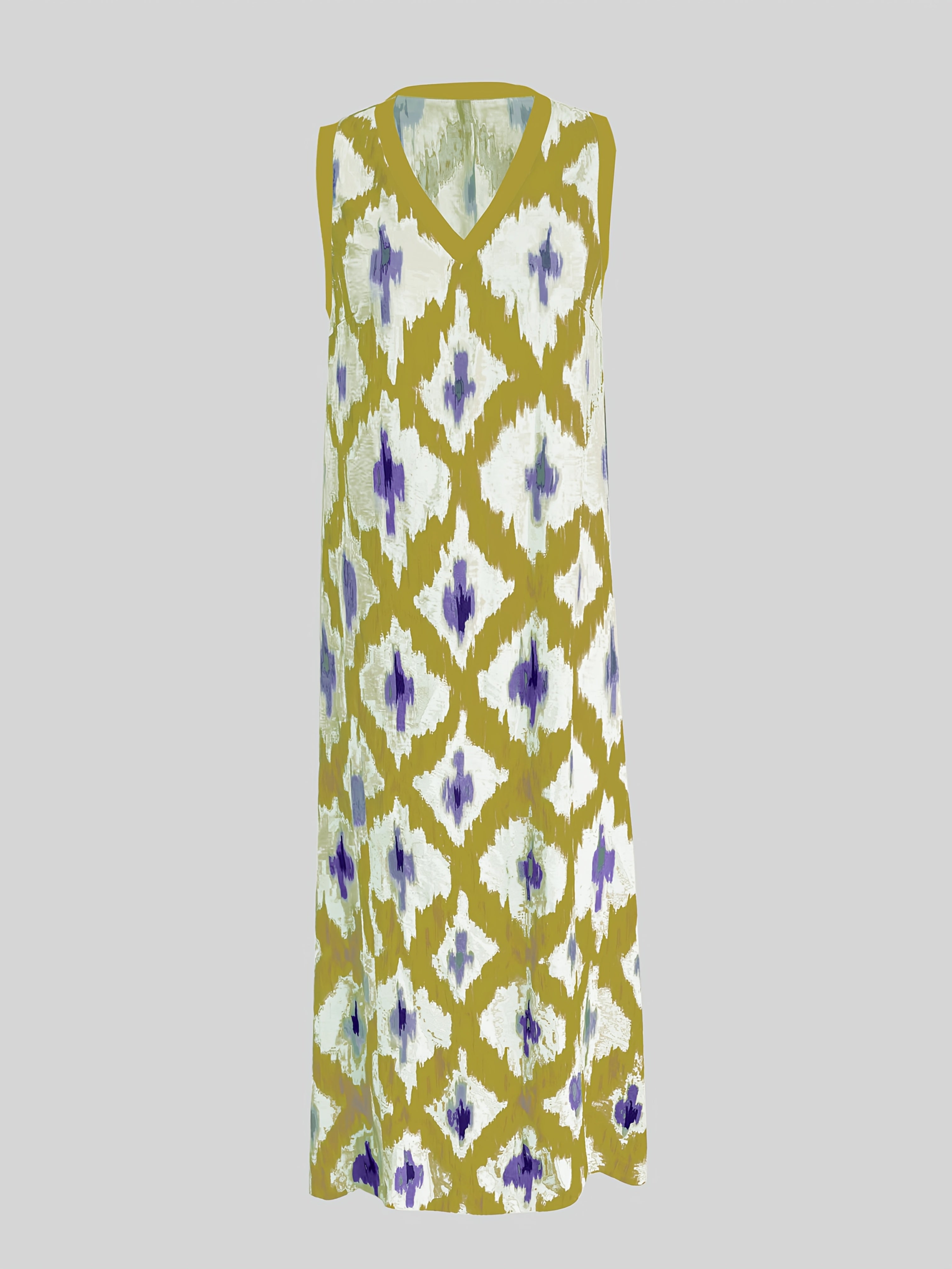 Sleeveless V-neck boho dress with loose fit and patchwork detail, perfect for casual and vacation wear