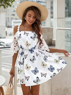 Off-shoulder butterfly print dress with lace sleeves, perfect for summer outings