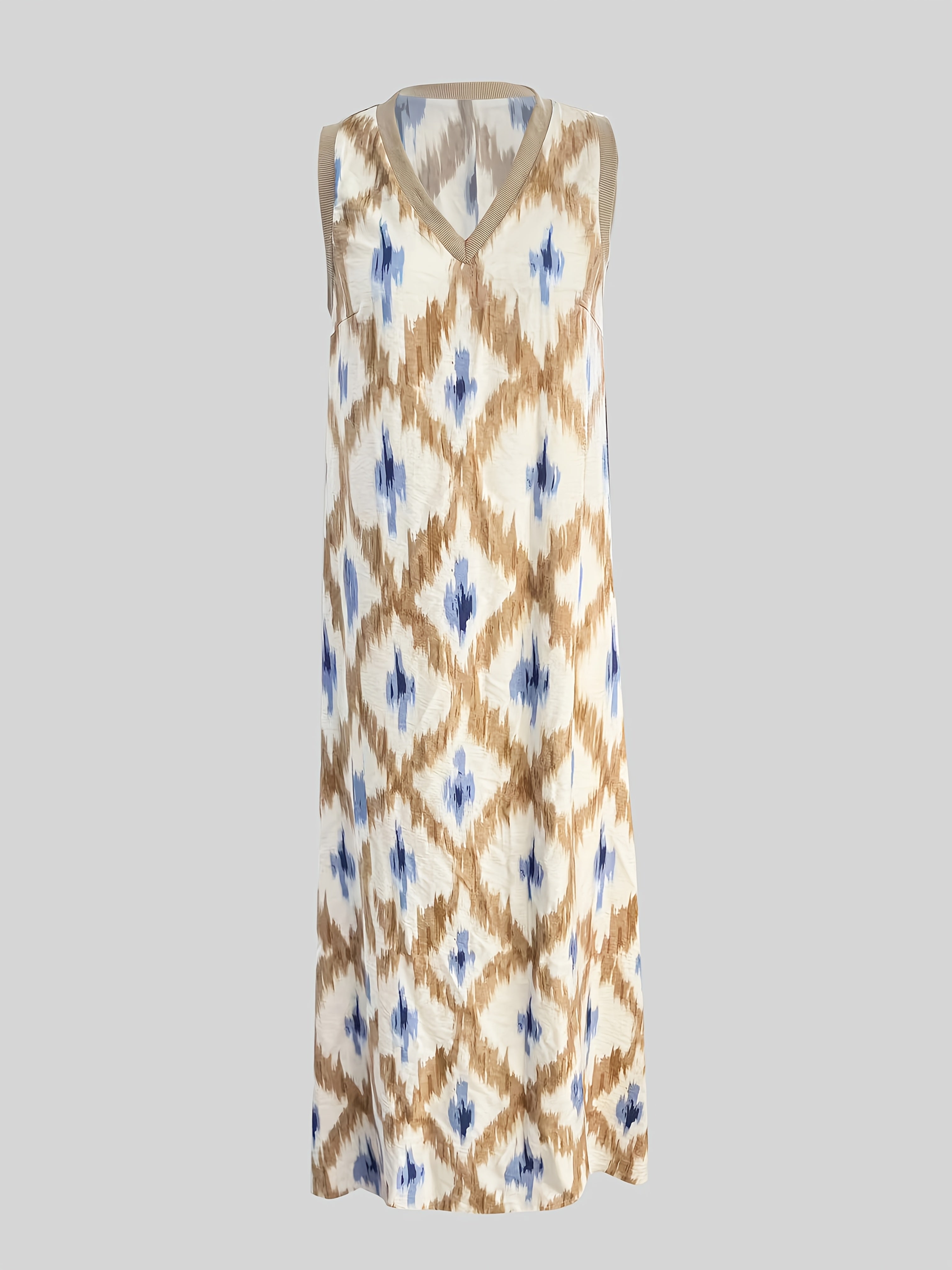 Sleeveless V-neck boho dress with loose fit and patchwork detail, perfect for casual and vacation wear