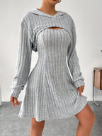 Ribbed dress set with hoodie shrug and sleeveless square-neck A-line dress, casual and versatile