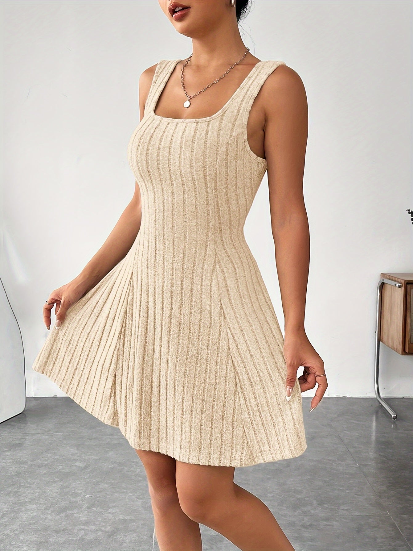 Ribbed dress set with hoodie shrug and sleeveless square-neck A-line dress, casual and versatile