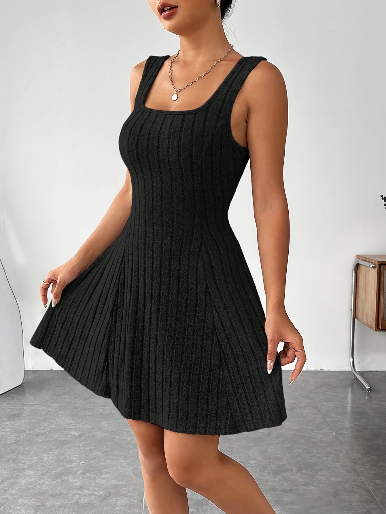 Ribbed dress set with hoodie shrug and sleeveless square-neck A-line dress, casual and versatile
