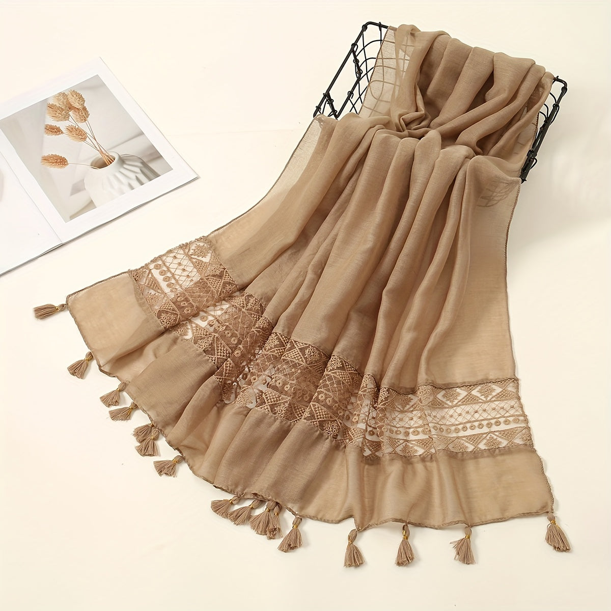 Eid Fashion Tassel Scarf – Hollow Lace Wrap for Women