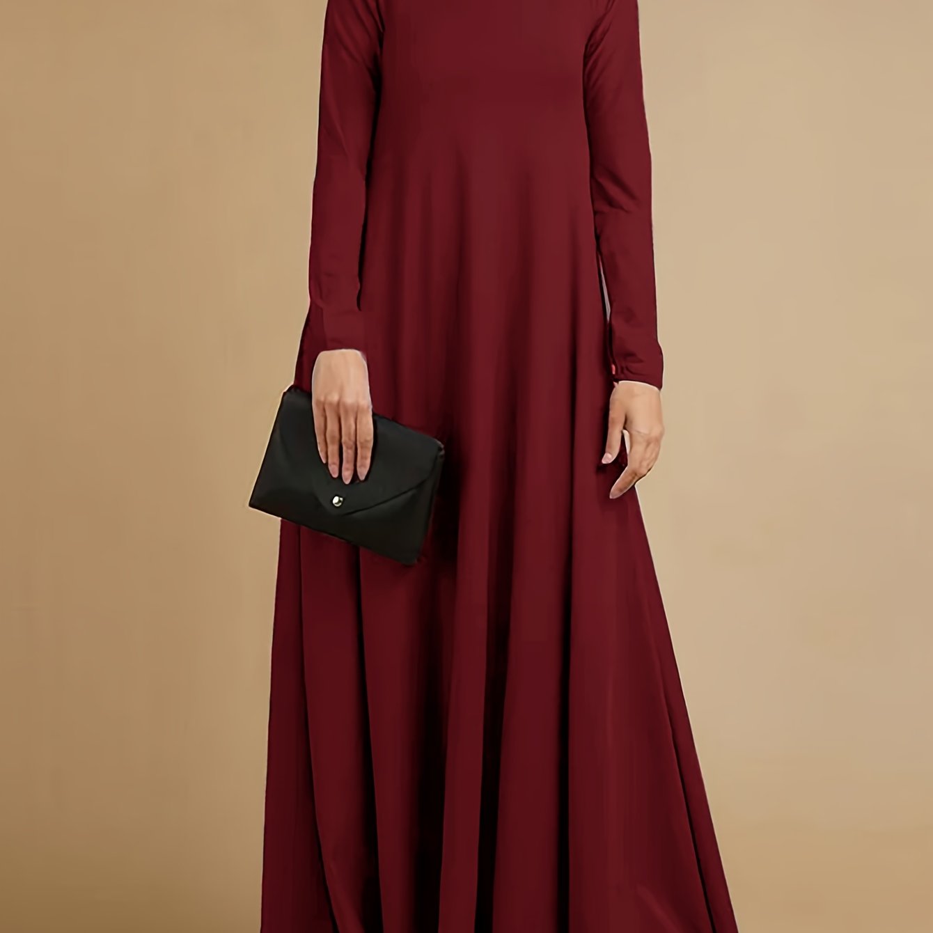 High-neck, long-sleeve loose-fit maxi dress — casual abaya style, suitable for all seasons