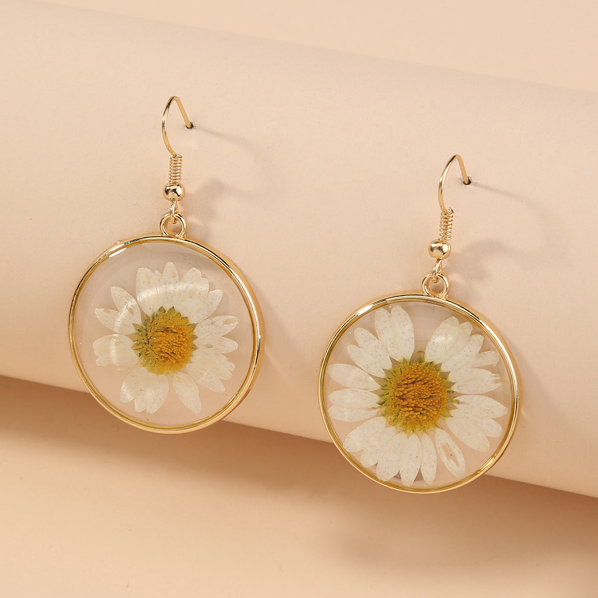 Golden-Tone Copper Earrings – White Flower Boho Style Gift