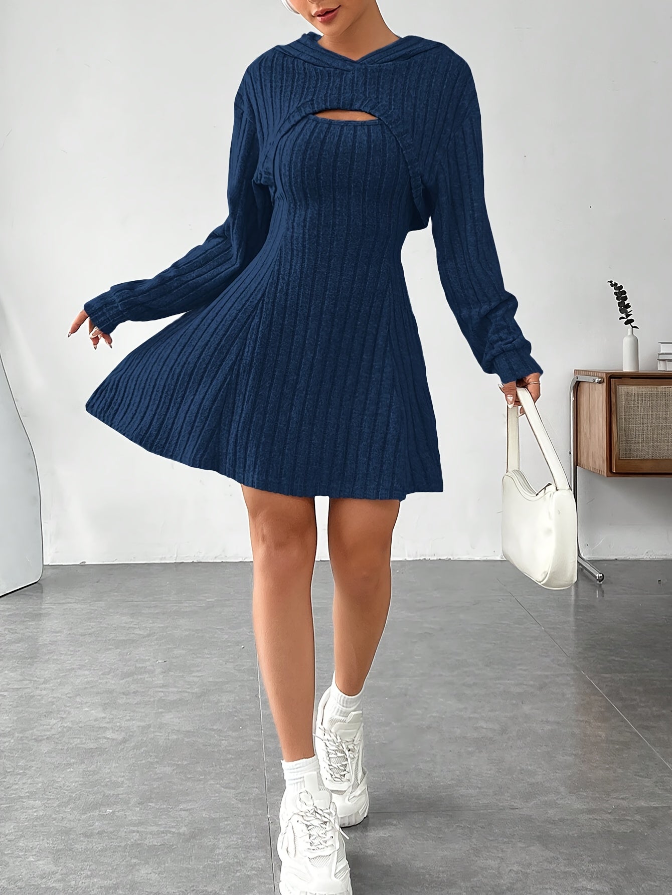 Ribbed dress set with hoodie shrug and sleeveless square-neck A-line dress, casual and versatile