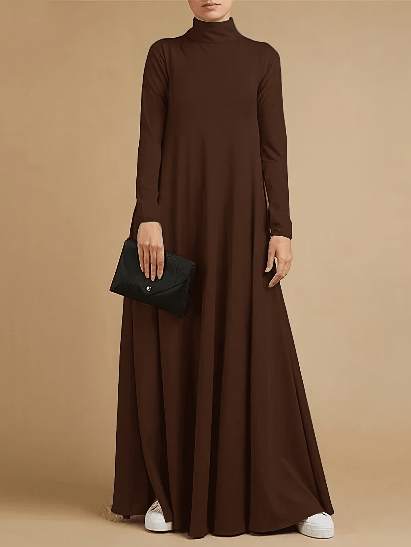 High-neck, long-sleeve loose-fit maxi dress — casual abaya style, suitable for all seasons