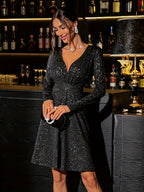 Long-sleeve V-neck dress with sequins and waist detail — perfect for autumn and winter
