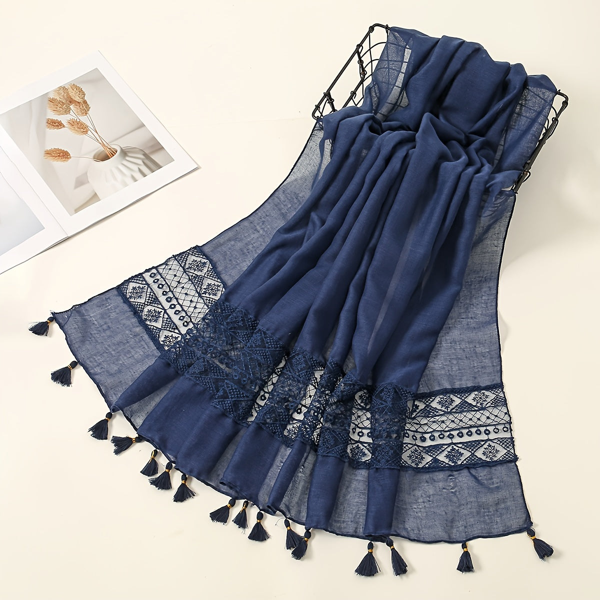 Eid Fashion Tassel Scarf – Hollow Lace Wrap for Women
