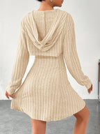Ribbed dress set with hoodie shrug and sleeveless square-neck A-line dress, casual and versatile
