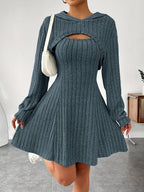 Ribbed dress set with hoodie shrug and sleeveless square-neck A-line dress, casual and versatile