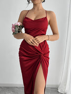 Mermaid evening gown with spaghetti straps, twist detail, and high slit — elegant, all-season formal wear