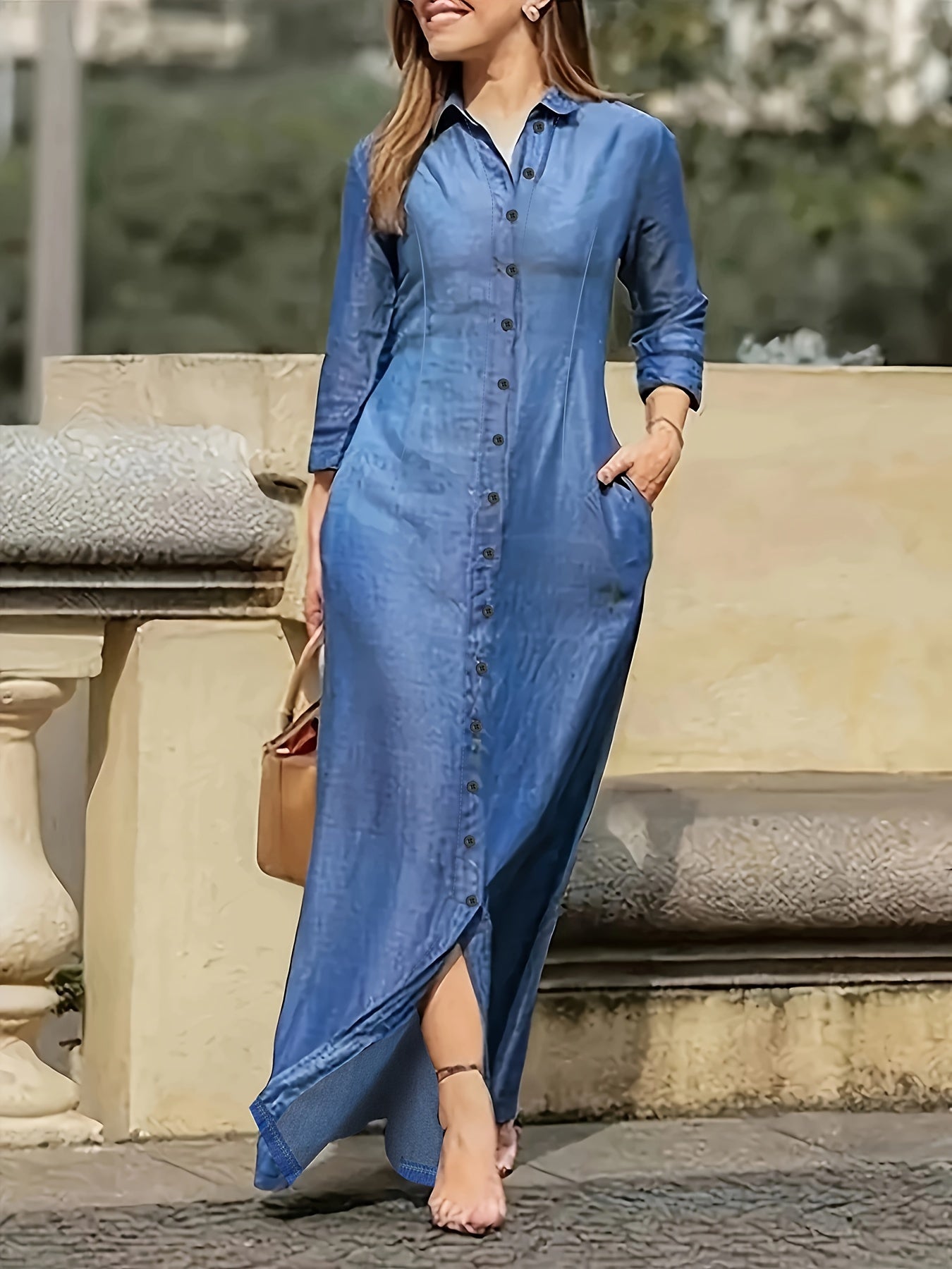 Solid maxi dress with button-front and long sleeves — casual, elegant, and comfortable