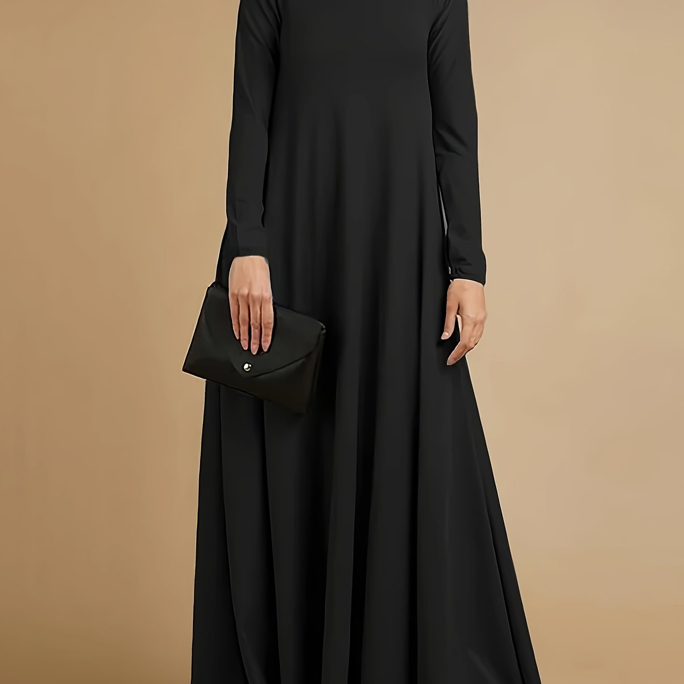 High-neck, long-sleeve loose-fit maxi dress — casual abaya style, suitable for all seasons