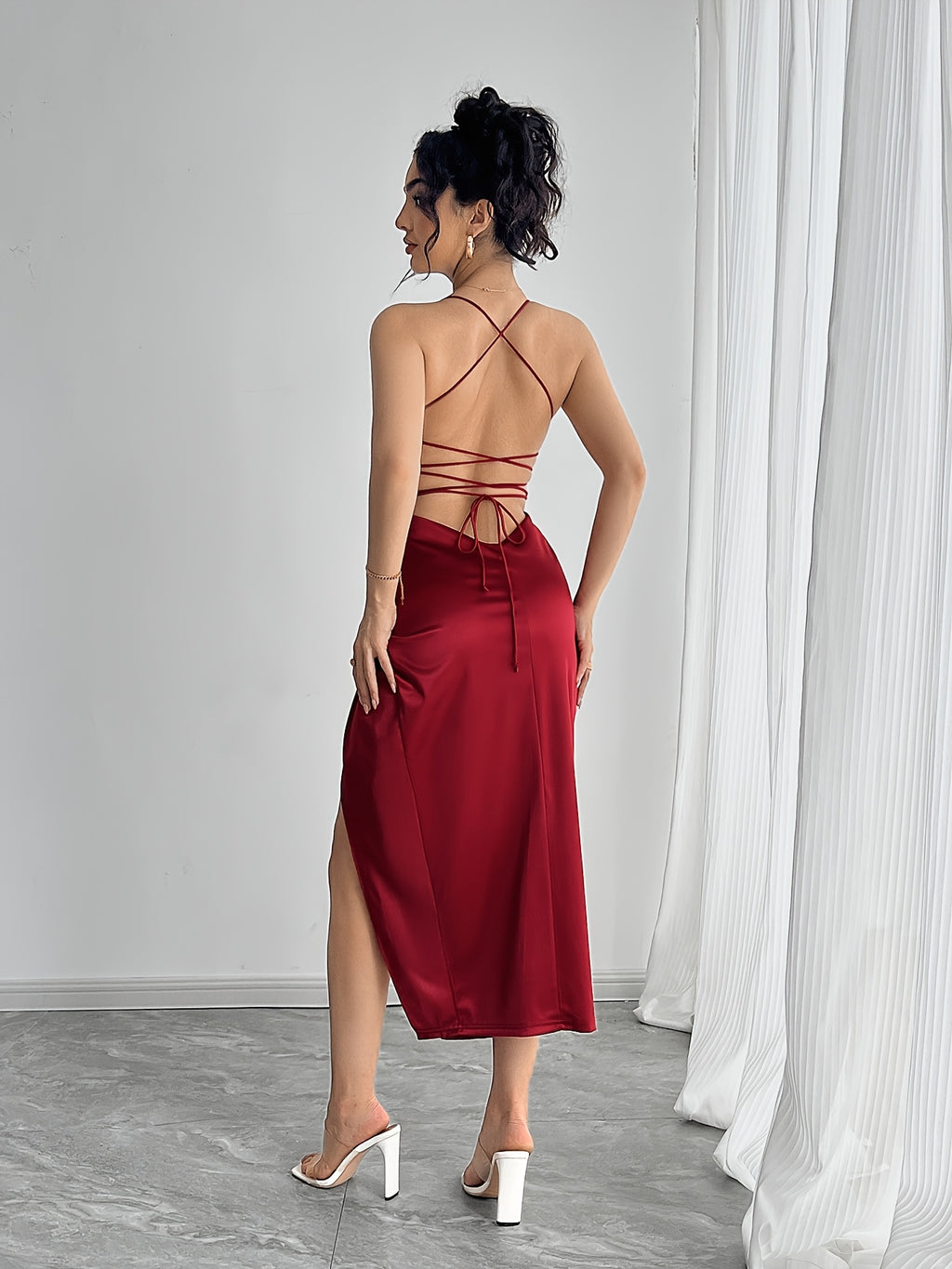 Mermaid evening gown with spaghetti straps, twist detail, and high slit — elegant, all-season formal wear
