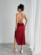 Mermaid evening gown with spaghetti straps, twist detail, and high slit — elegant, all-season formal wear