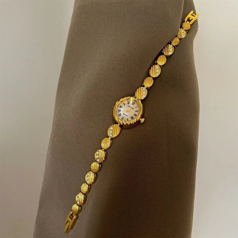 Luxury French Women's Watch – Oval Dial & Metallic Finish