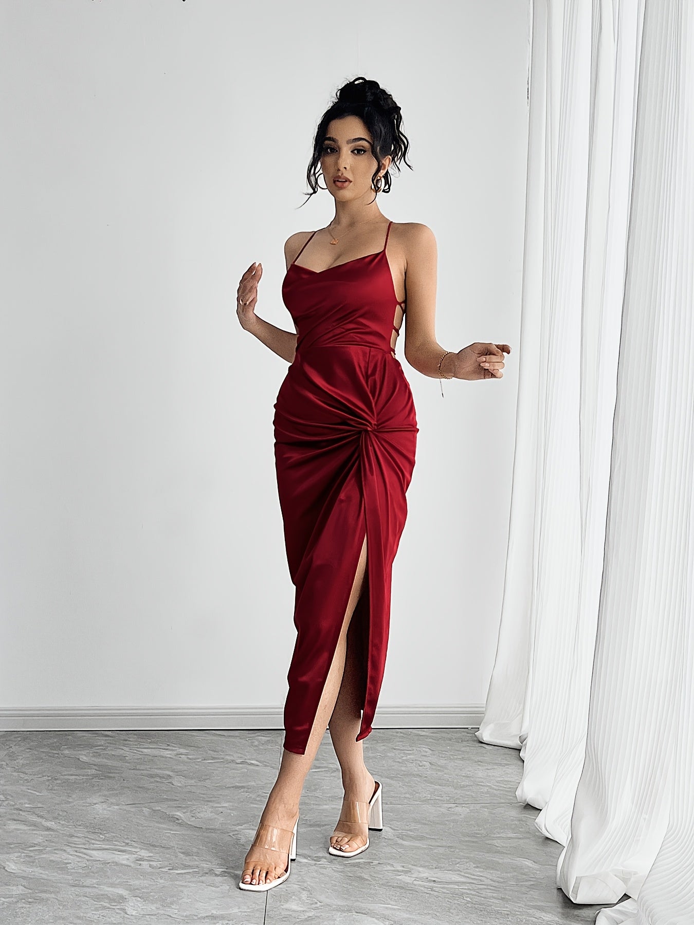 Mermaid evening gown with spaghetti straps, twist detail, and high slit — elegant, all-season formal wear