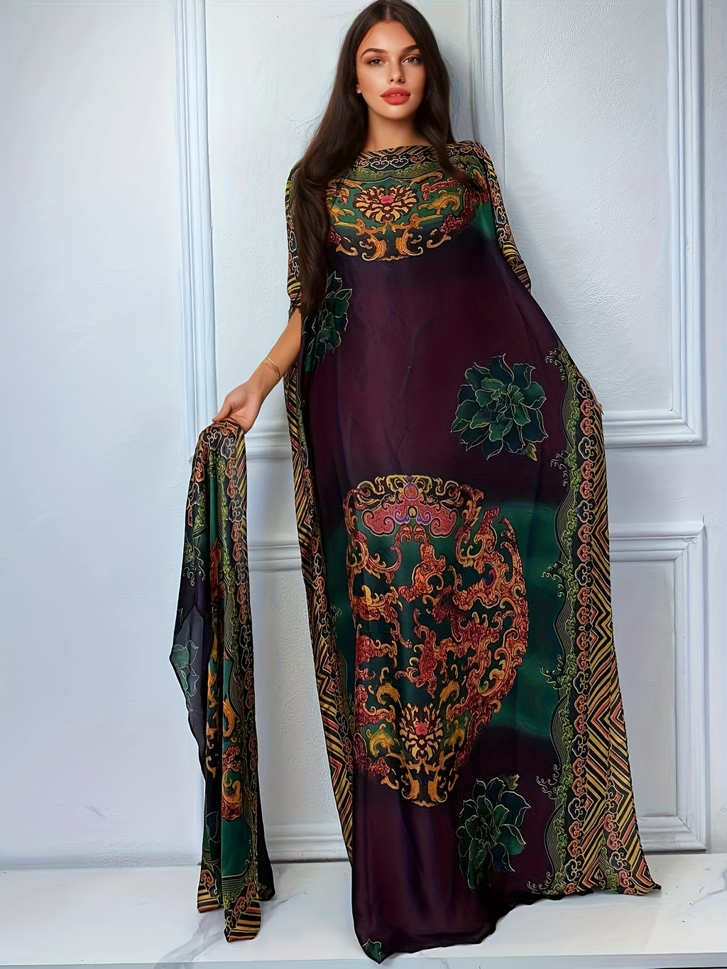 Plus size long kaftan robe with batwing sleeves and scarf, perfect for party and all-season wear