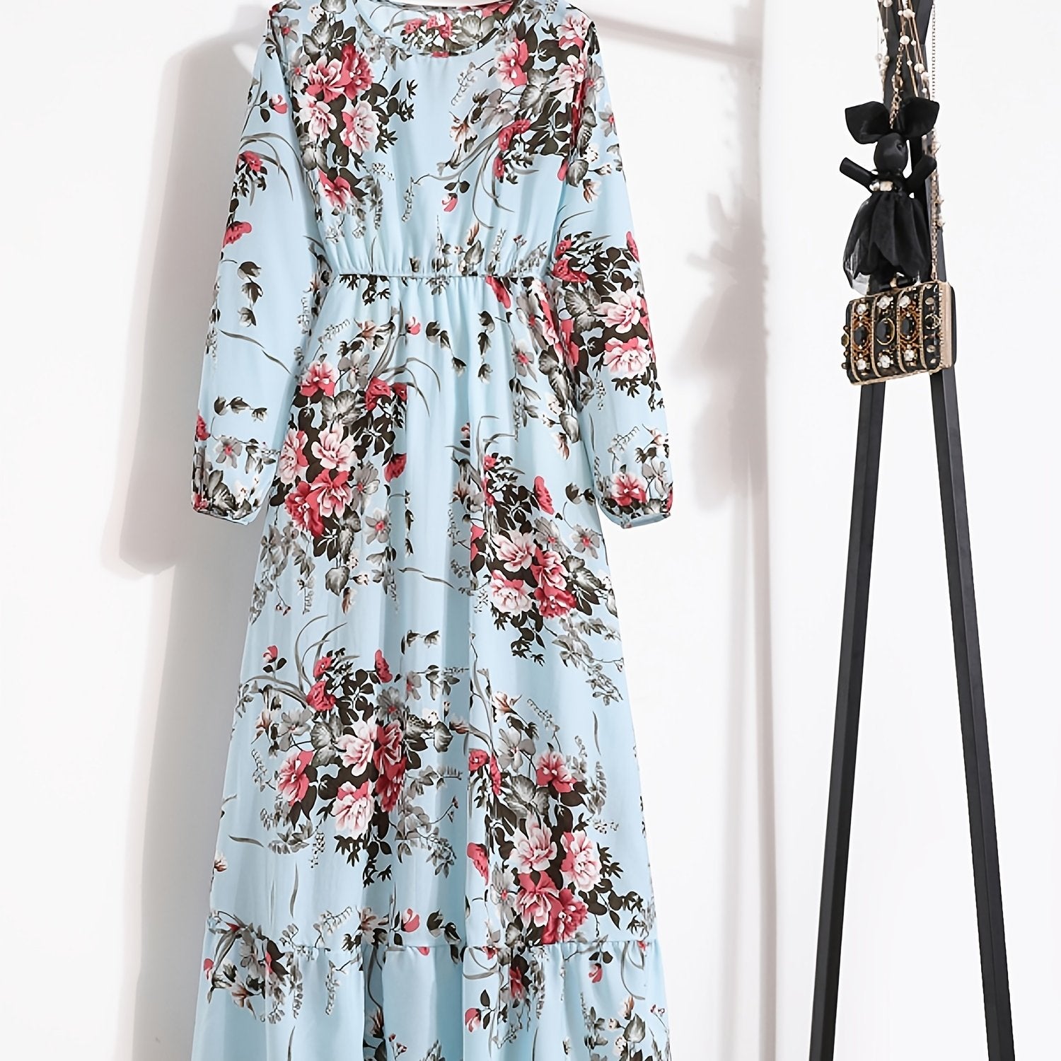 Bohemian A-Line Long Dress – Ruffle Hem & Round Neck