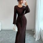 Long-sleeve dress with waist tie, perfect for autumn/winter, daily wear, dates, and gatherings