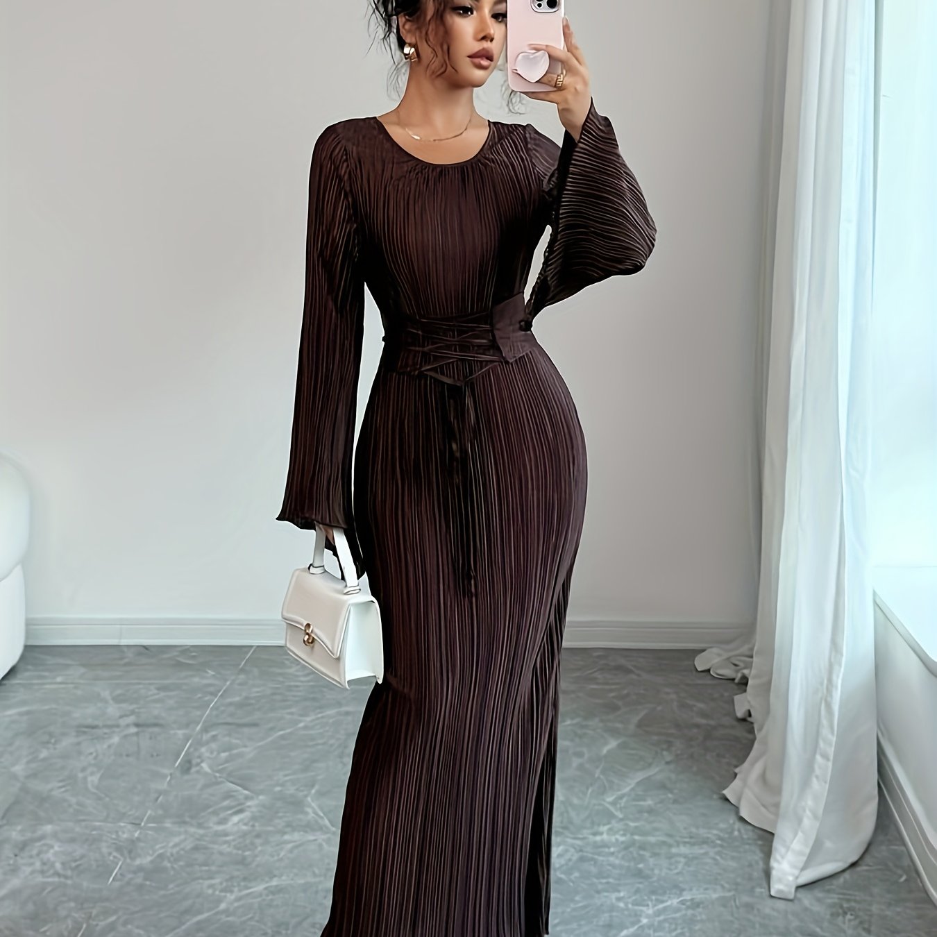 Long-sleeve dress with waist tie, perfect for autumn/winter, daily wear, dates, and gatherings