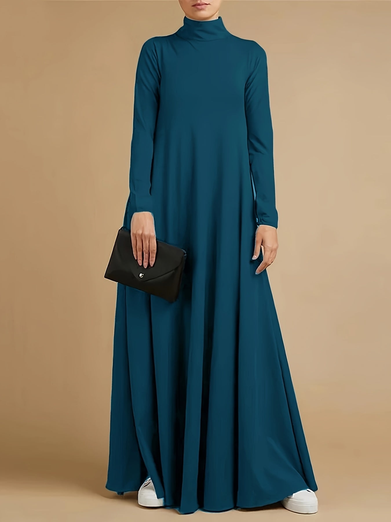 High-neck, long-sleeve loose-fit maxi dress — casual abaya style, suitable for all seasons