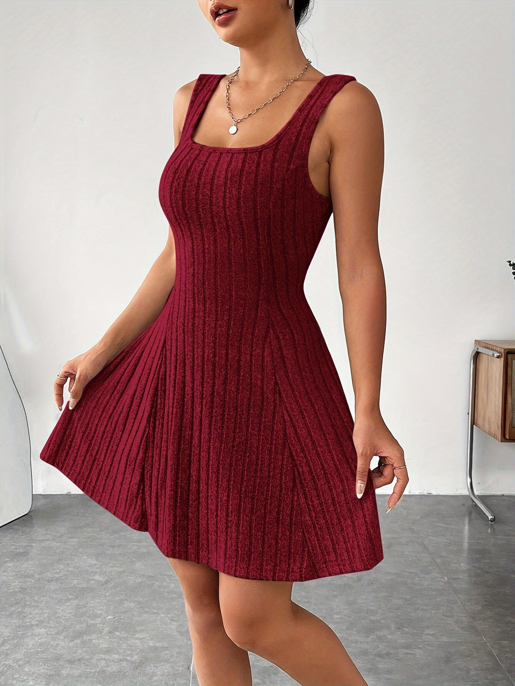 Ribbed dress set with hoodie shrug and sleeveless square-neck A-line dress, casual and versatile