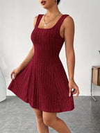 Ribbed dress set with hoodie shrug and sleeveless square-neck A-line dress, casual and versatile