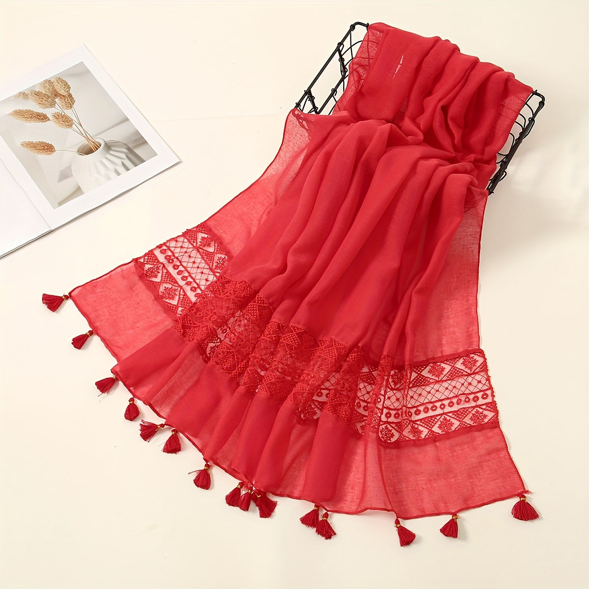 Eid Fashion Tassel Scarf – Hollow Lace Wrap for Women
