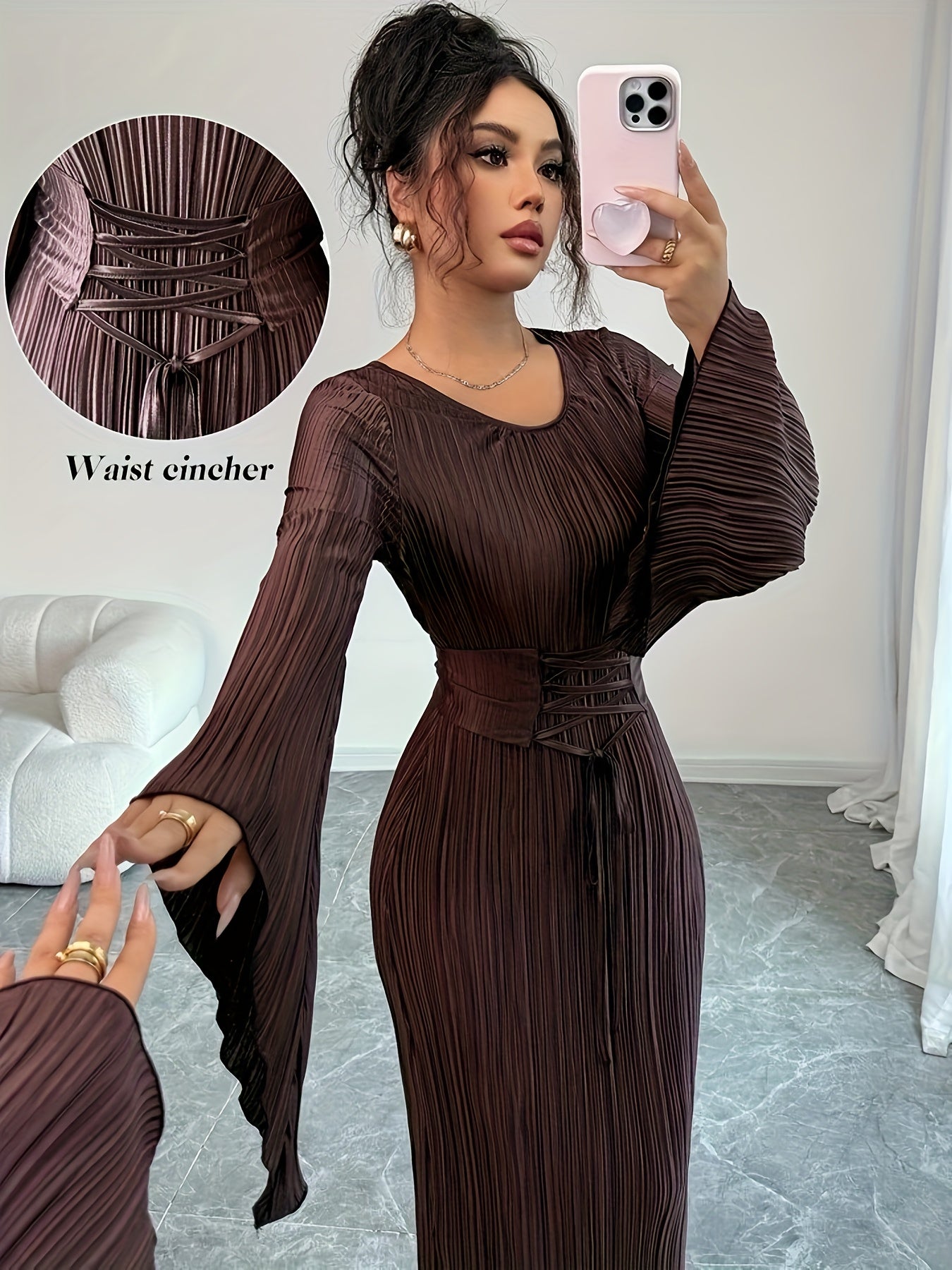 Long-sleeve dress with waist tie, perfect for autumn/winter, daily wear, dates, and gatherings