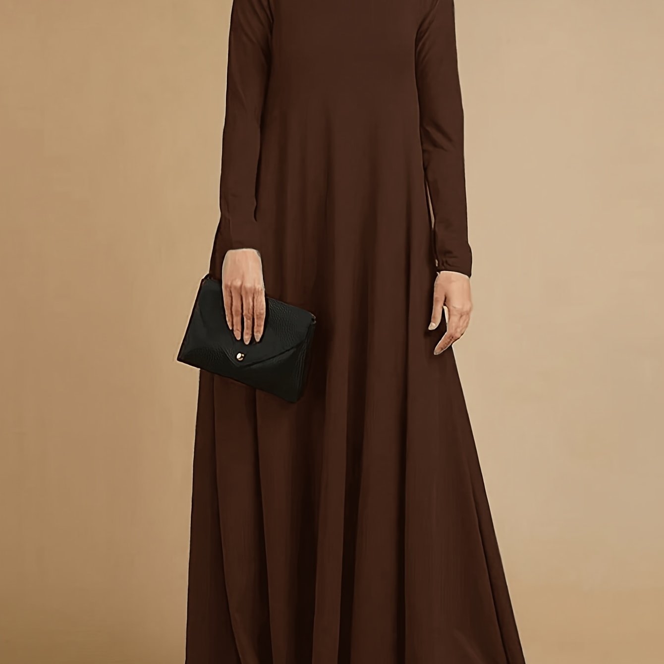 High-neck, long-sleeve loose-fit maxi dress — casual abaya style, suitable for all seasons