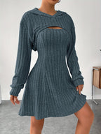 Ribbed dress set with hoodie shrug and sleeveless square-neck A-line dress, casual and versatile