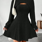 Ribbed dress set with hoodie shrug and sleeveless square-neck A-line dress, casual and versatile