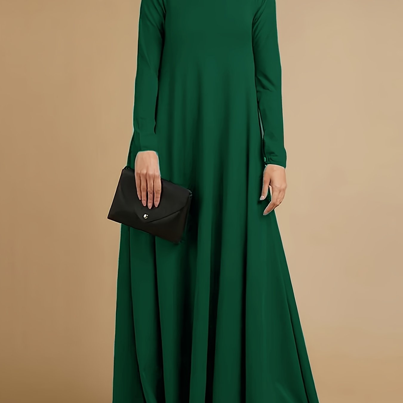 High-neck, long-sleeve loose-fit maxi dress — casual abaya style, suitable for all seasons