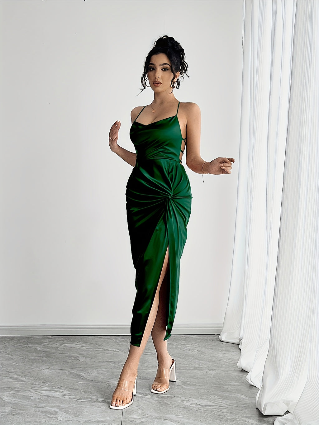 Mermaid evening gown with spaghetti straps, twist detail, and high slit — elegant, all-season formal wear