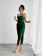 Mermaid evening gown with spaghetti straps, twist detail, and high slit — elegant, all-season formal wear