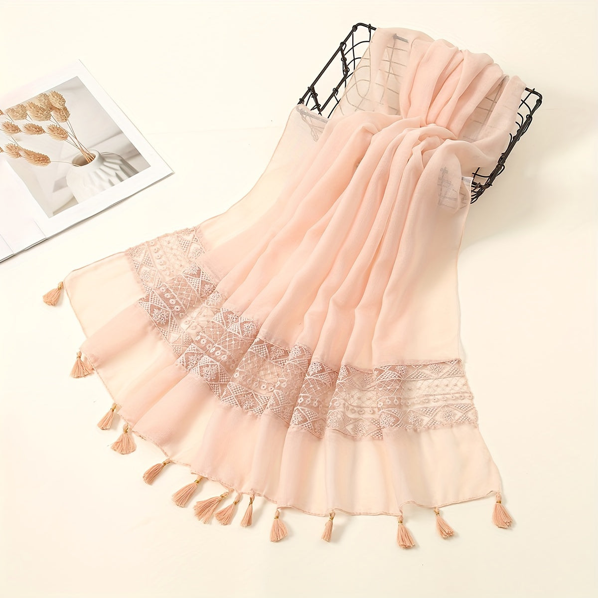 Eid Fashion Tassel Scarf – Hollow Lace Wrap for Women