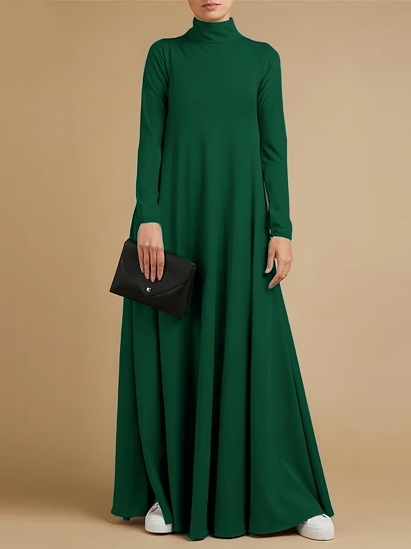 High-neck, long-sleeve loose-fit maxi dress — casual abaya style, suitable for all seasons
