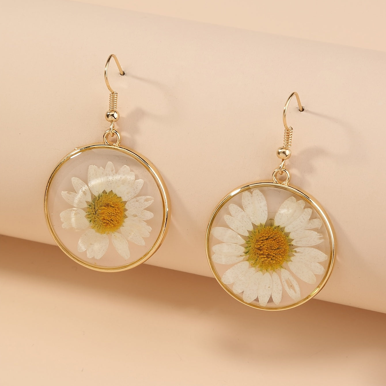Golden-Tone Copper Earrings – White Flower Boho Style Gift