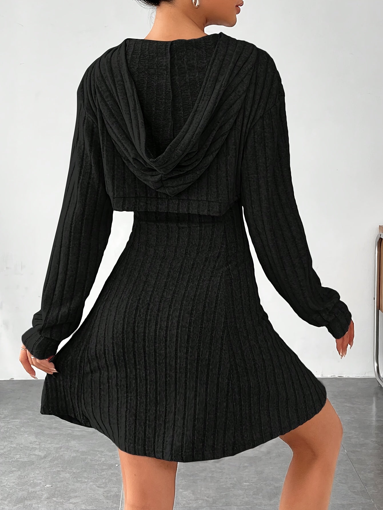 Ribbed dress set with hoodie shrug and sleeveless square-neck A-line dress, casual and versatile