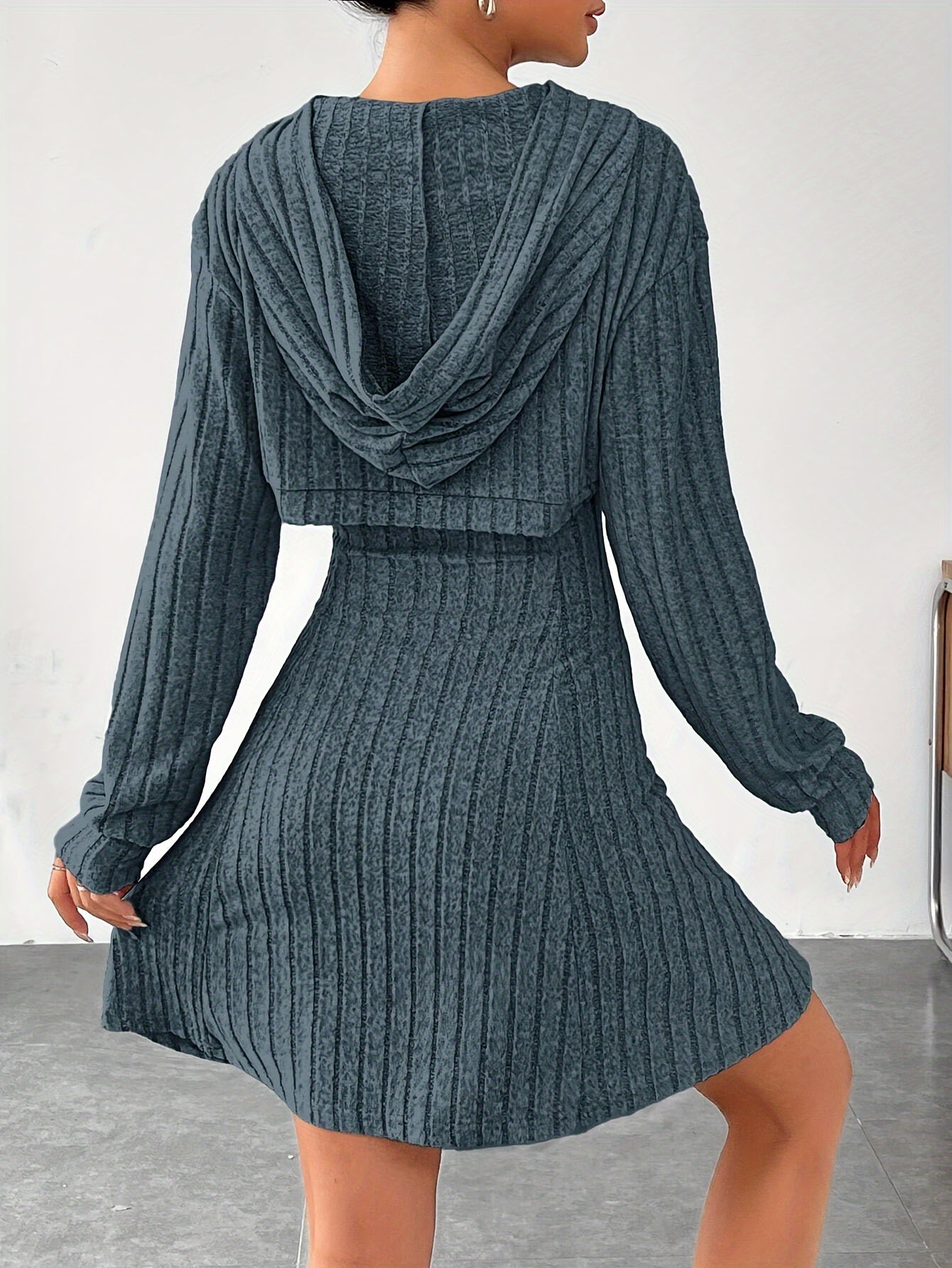 Ribbed dress set with hoodie shrug and sleeveless square-neck A-line dress, casual and versatile