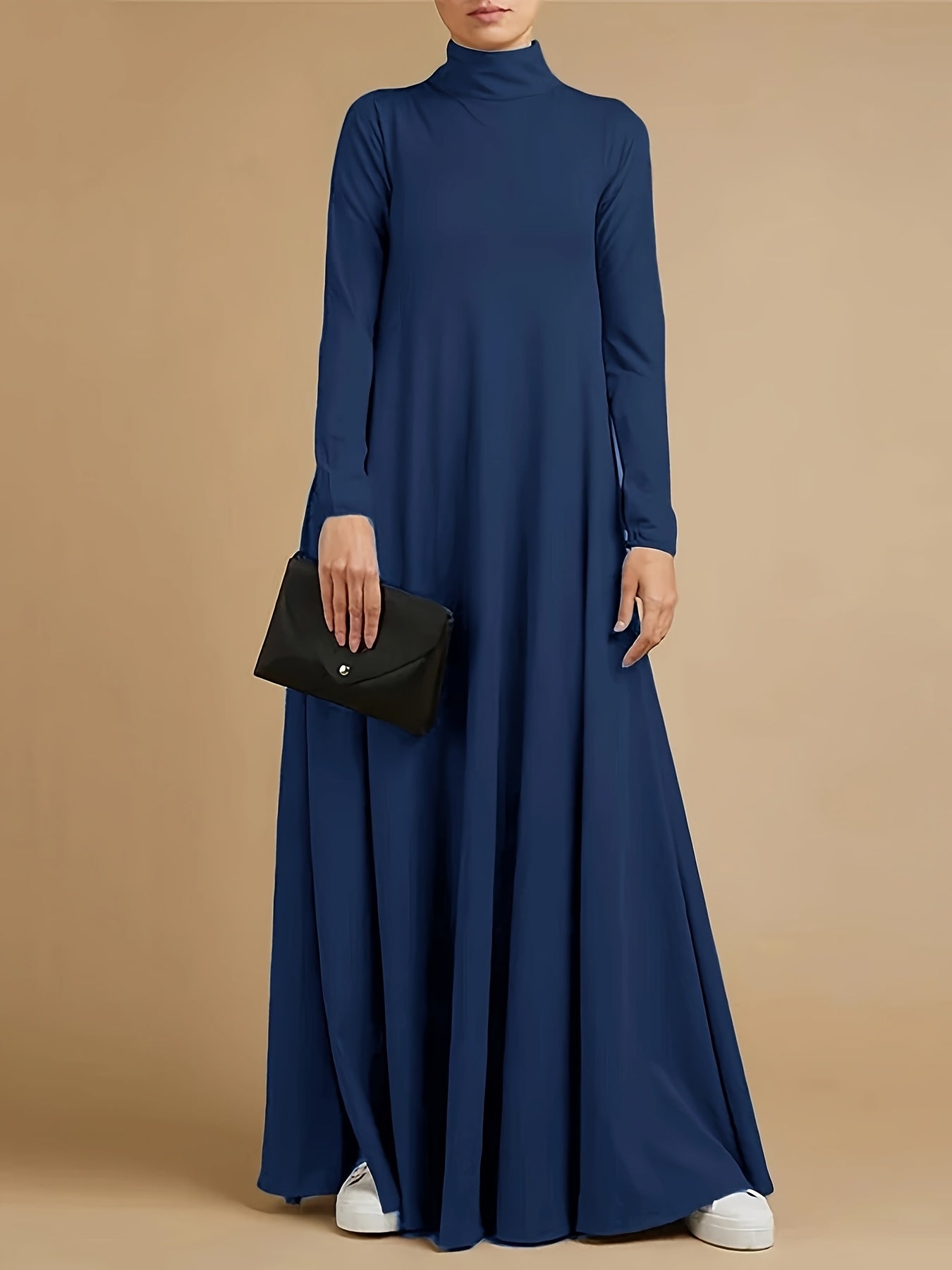 High-neck, long-sleeve loose-fit maxi dress — casual abaya style, suitable for all seasons