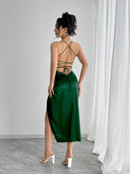 Mermaid evening gown with spaghetti straps, twist detail, and high slit — elegant, all-season formal wear