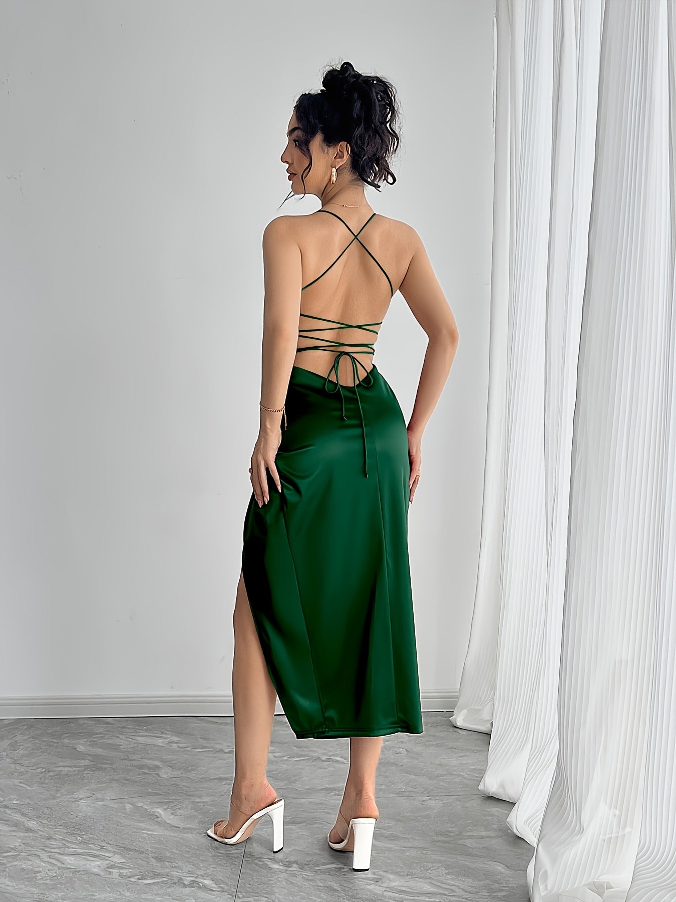 Mermaid evening gown with spaghetti straps, twist detail, and high slit — elegant, all-season formal wear