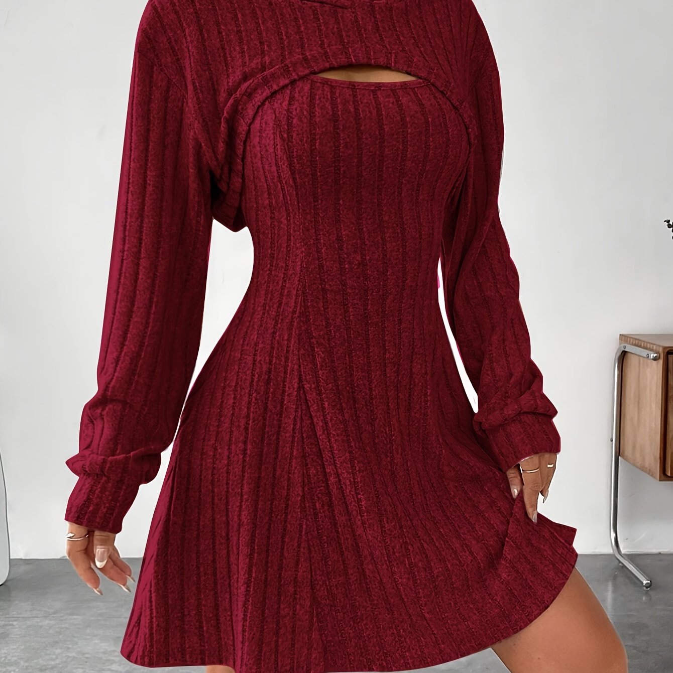 Ribbed dress set with hoodie shrug and sleeveless square-neck A-line dress, casual and versatile