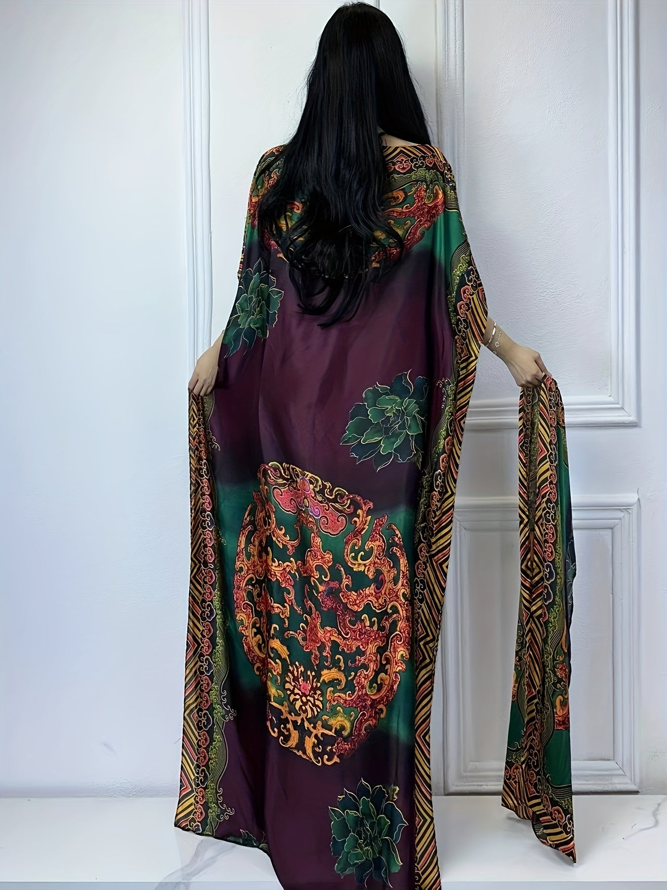 Plus size long kaftan robe with batwing sleeves and scarf, perfect for party and all-season wear