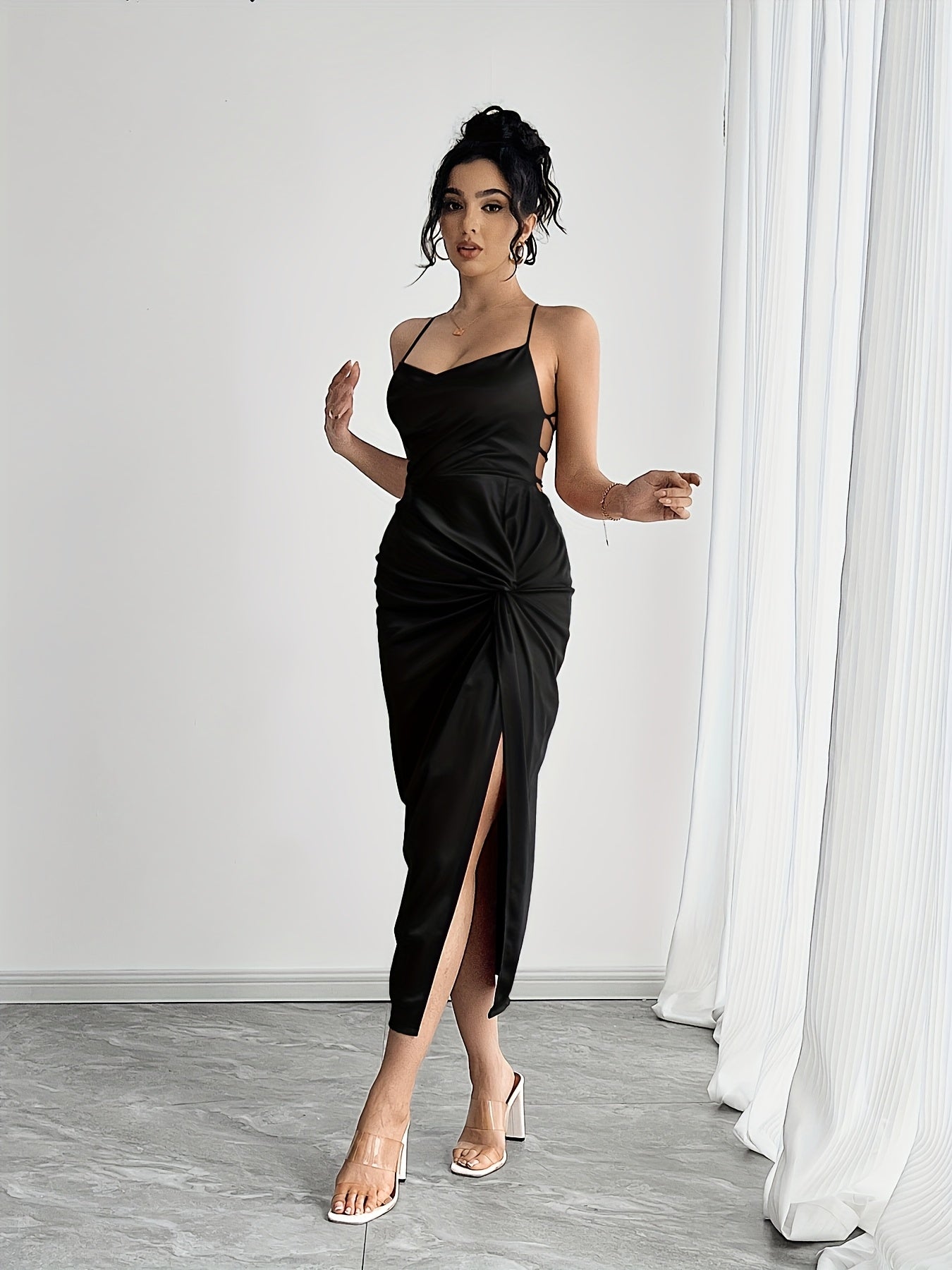 Mermaid evening gown with spaghetti straps, twist detail, and high slit — elegant, all-season formal wear